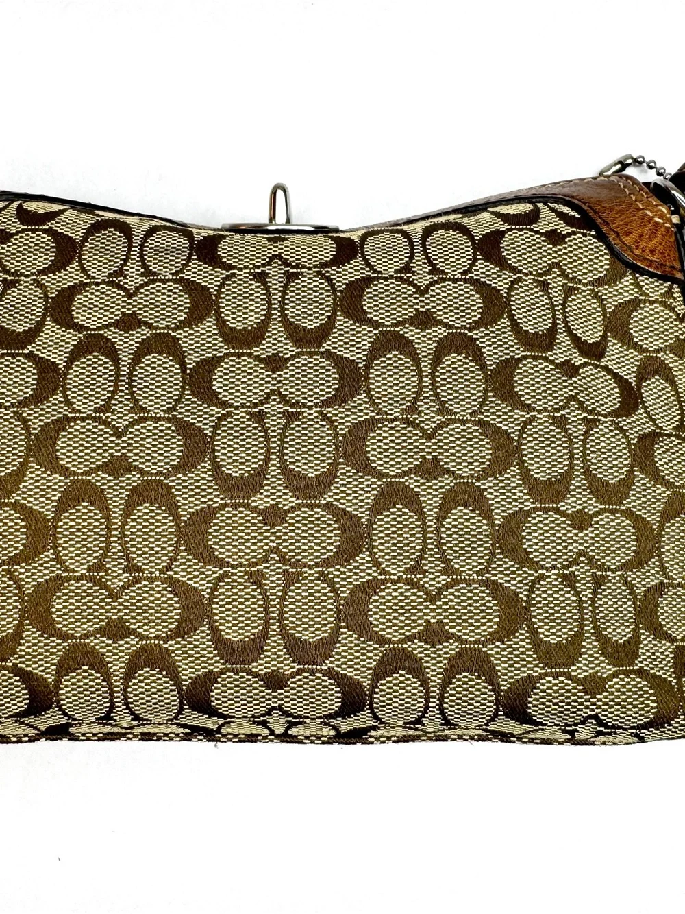 Coach Signature Canvas Turnlock Wristlet Clutch Khaki Brown Leather Trim